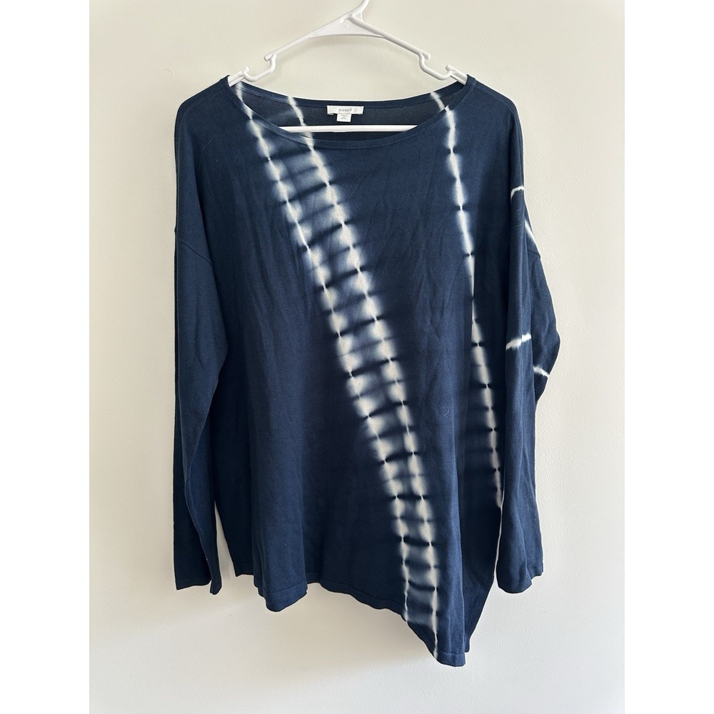 Pure Jill Tiedye Shibori Long Sleeve Top Blue Asymm Hem Cotton Rayon M Petite A1